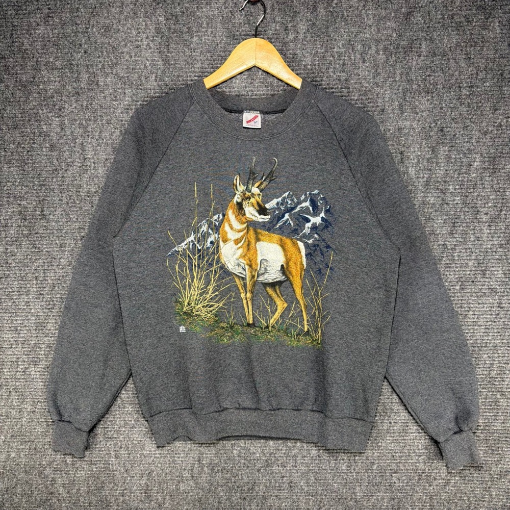 Vintage 90s Jerzees Pronghorn Antelope Sweatshirt Gray Raglan Mountain Nature L